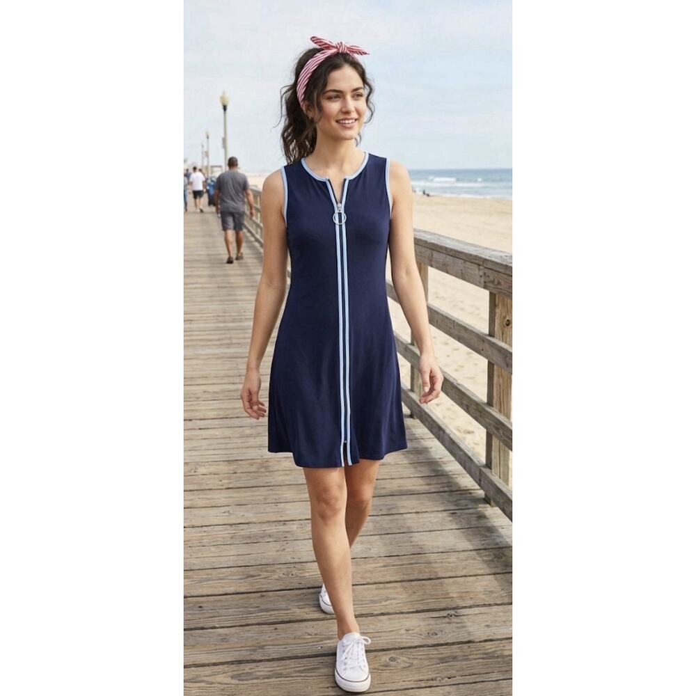 MSK Navy Contrast Trim Sleeveless Shift Dress Ring Zip Nautical Americana S